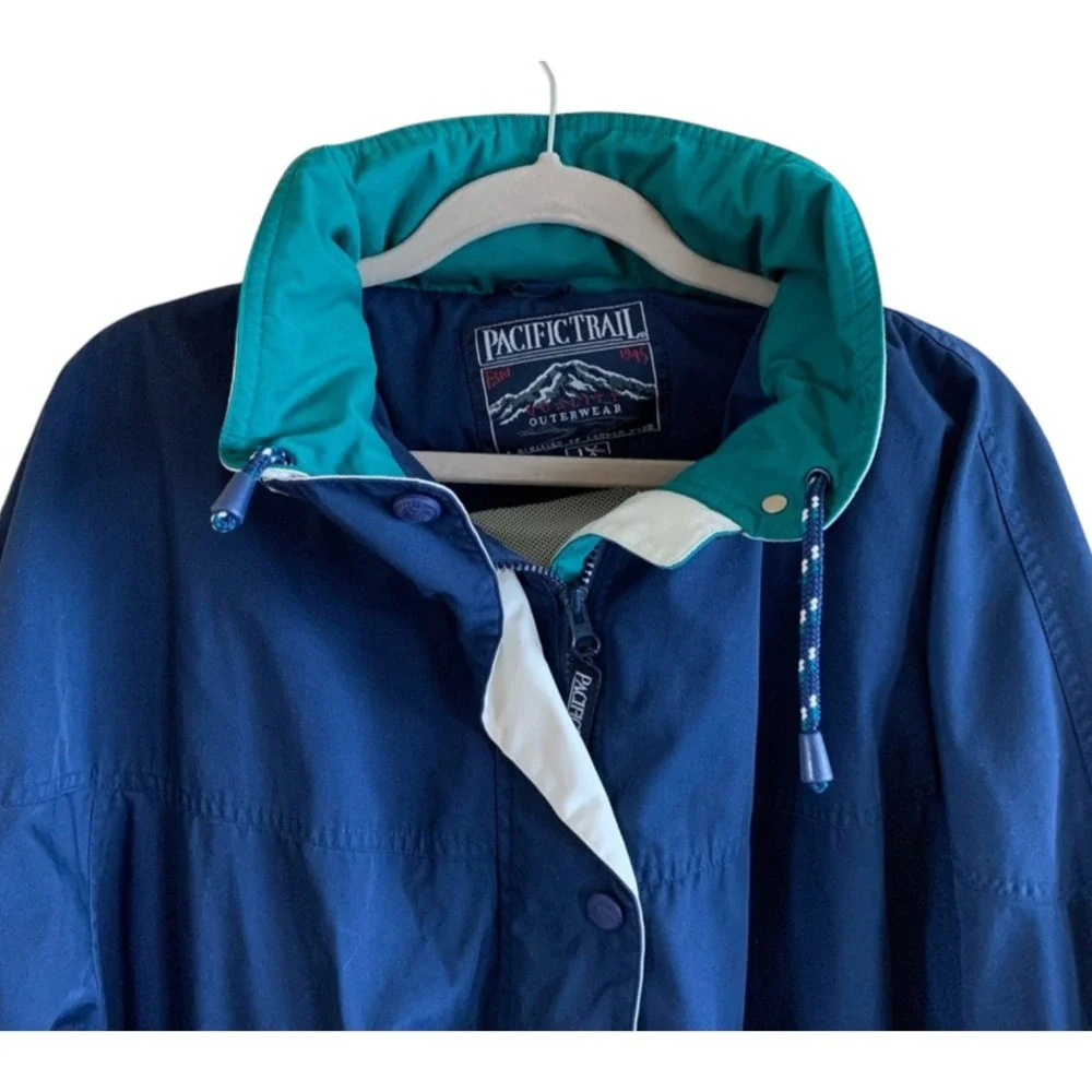 PACIFIC TRAIL JACKET Hooded Rain Parka NAVY & TEAL Marine Blue BOATING Hiking M